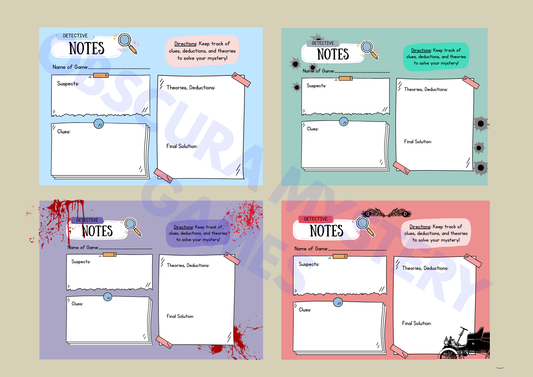 Detective Notes Printable Templates – 7 Themed Mystery Game Sheets (Color + B&W)