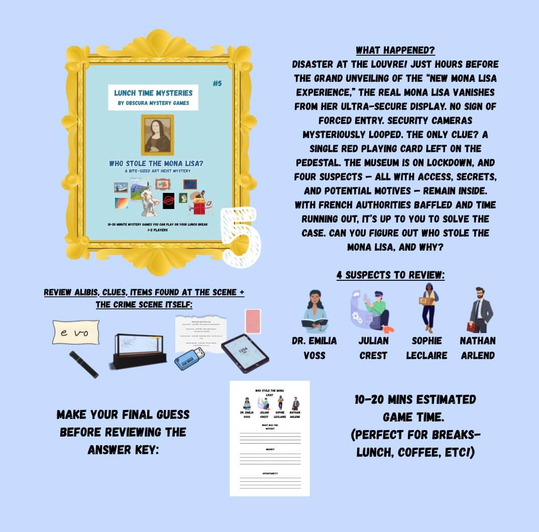 Quick Murder Mystery Game Bundle – Lunchtime Mysteries™ 5-Pack | 10–20 Min Detective Fun