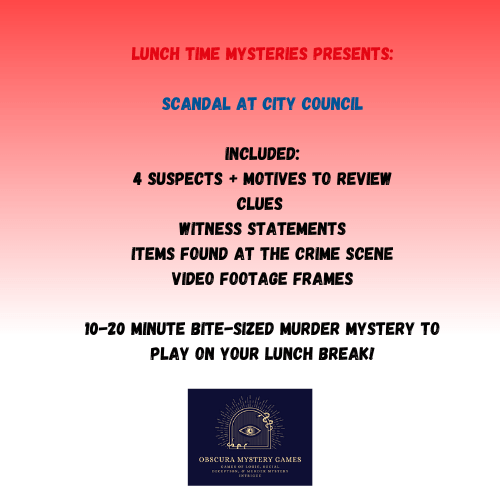 Promotional text for 'Scandal at City Council' mystery game on a red and white gradient background.