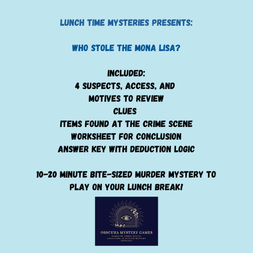 Promotional text for a lunchtime mystery game on a light blue background