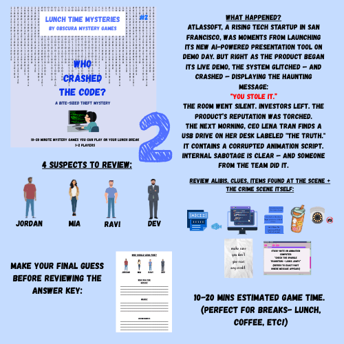 Promotional graphic for a lunchtime mystery game with text and character illustrations.