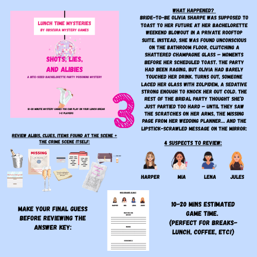 Promotional material for a bachelorette party game titled 'Lunch Time Mysteries' by Obscura Mystery Games.