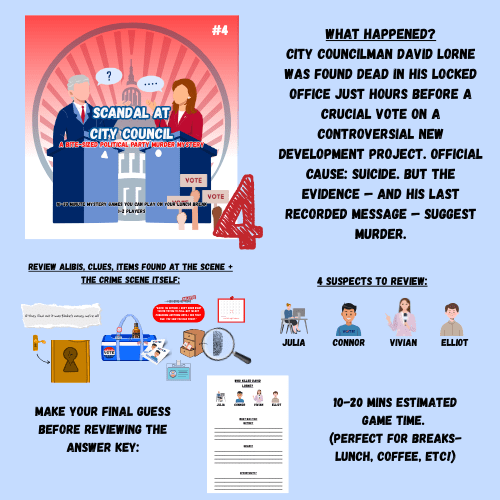 Game or mystery board with text and illustrations on a blue background
