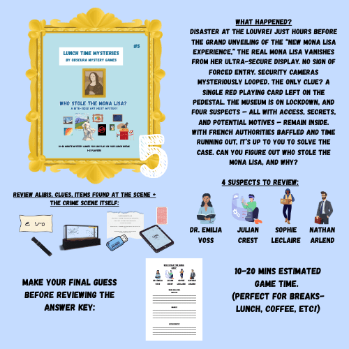 Mystery game flyer with a yellow frame, suspects, and clues on a blue background