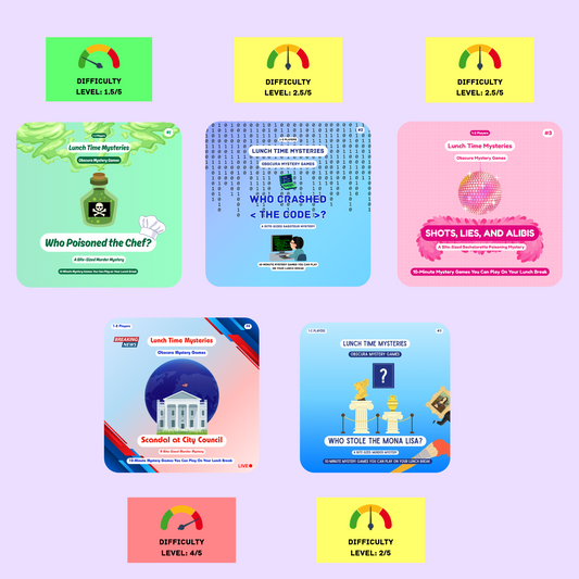 Quick Murder Mystery Printable Game Bundle | Lunchtime Mysteries (#1-5) 5-Pack | 10–Min Detective Fun