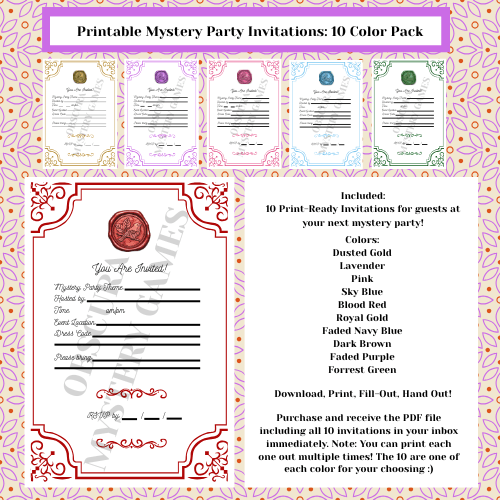 Printable Mystery Game Party Invitations – 10 Pack Bundle, 10 Vibrant Colors – Perfect for Mystery Parties!