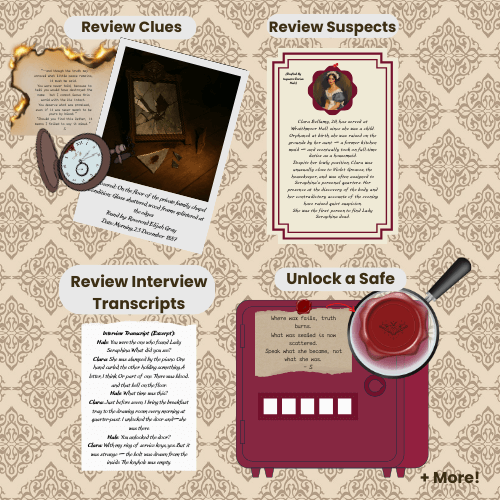 Vintage-style puzzle or game board with text and graphics on a decorative background