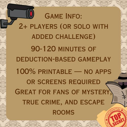 Game information card with text about a deduction-based game on a decorative background.