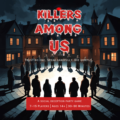 Game box cover of 'Killers Among Us' with silhouettes of people in a town square.
