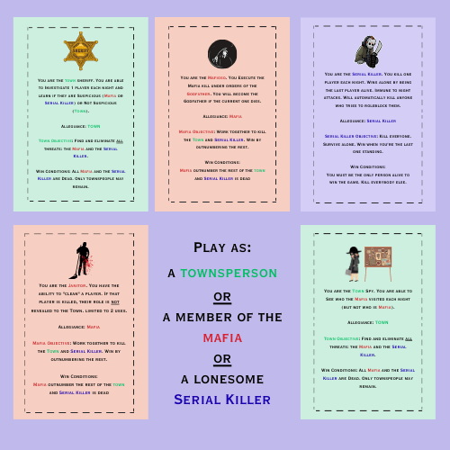 Set of cards for a game with character roles on a purple background