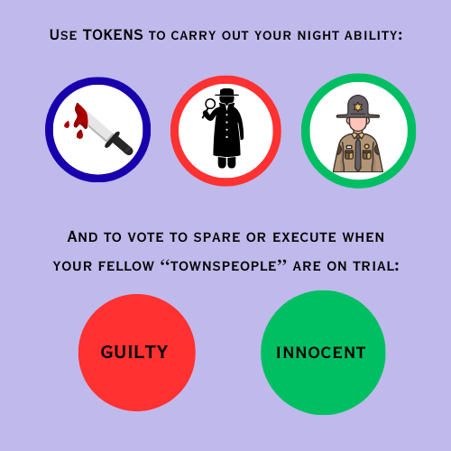Game tokens for a voting system with symbols and text on a purple background