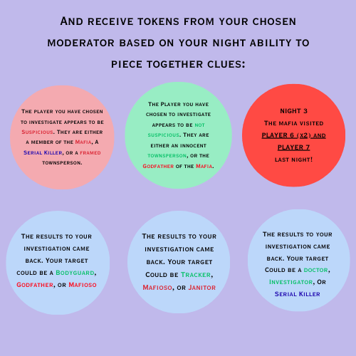 Text-based game scenario with colored circles on a purple background