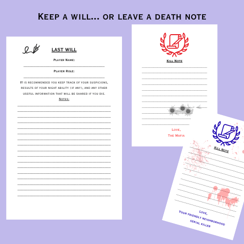 Set of printed documents titled 'Last Will' and 'Death Note' on a purple background.