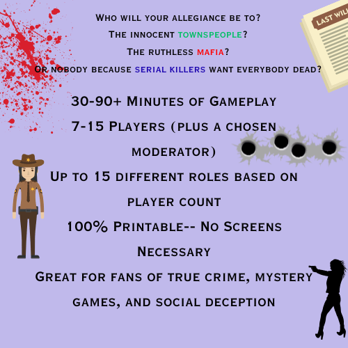 Game promotional graphic with text and character illustrations on a purple background