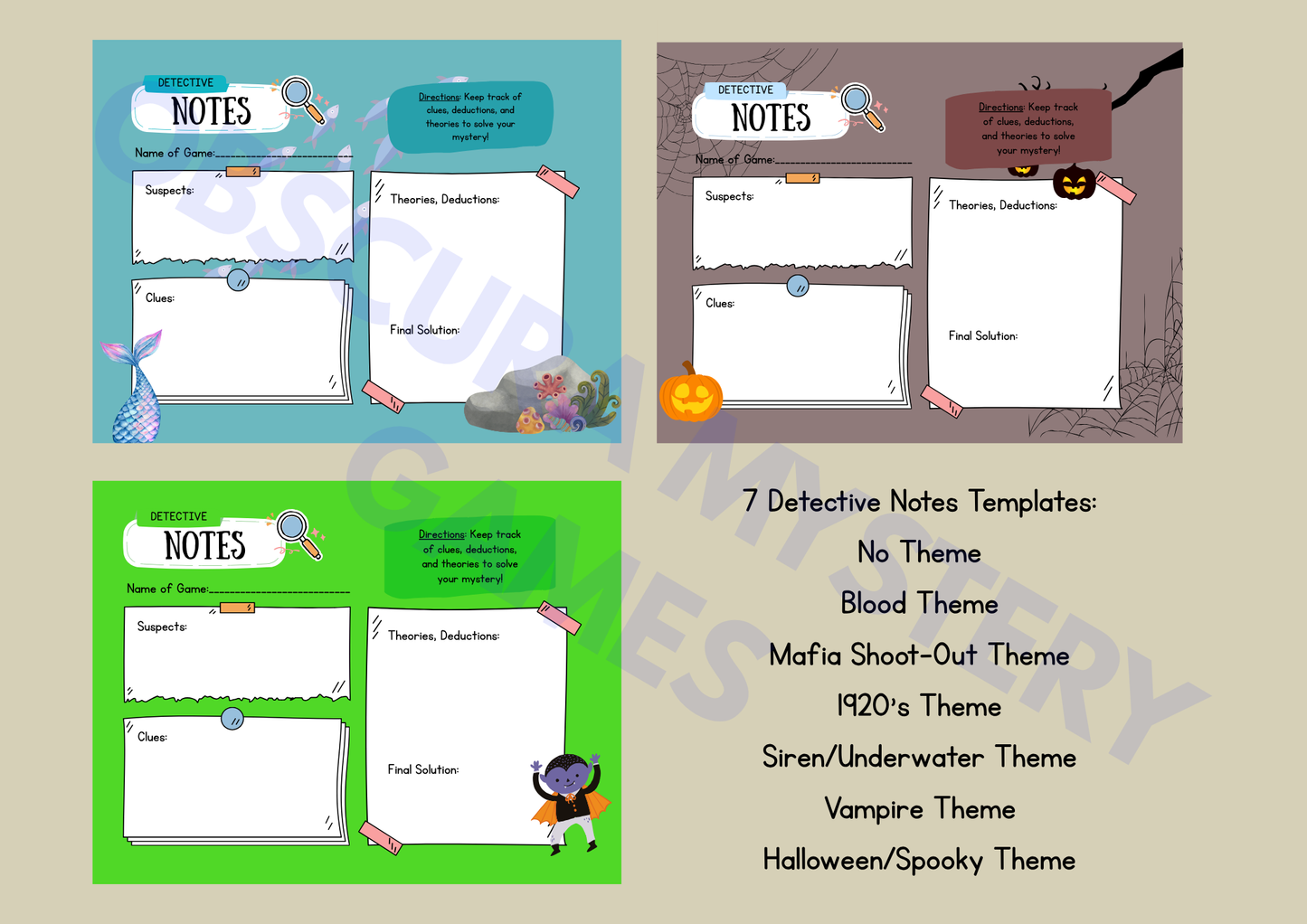 Detective Notes Printable Templates – 7 Themed Mystery Game Sheets (Color + B&W)