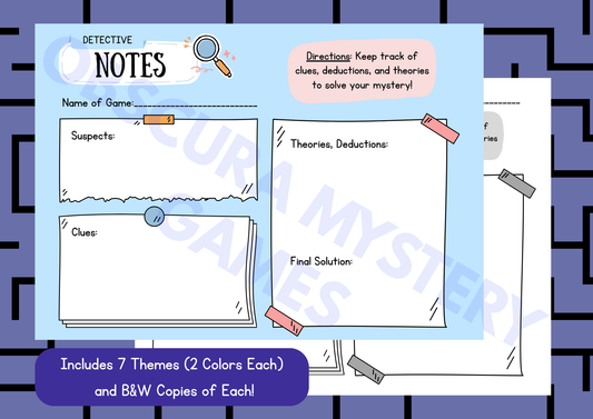 Detective Notes Printable Templates – 7 Themed Mystery Game Sheets (Color + B&W)