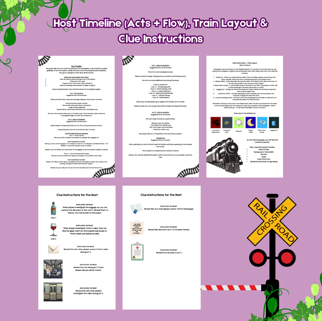 Murder on the Midnight Express |  Printable Role-Playing Train Murder Mystery Party Game for 8–12 Players
