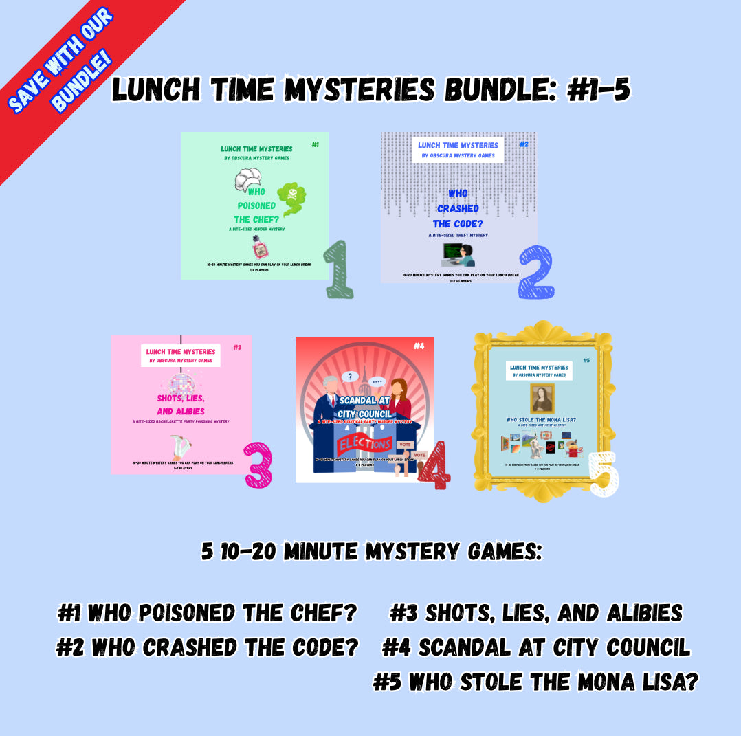 Quick Murder Mystery Game Bundle – Lunchtime Mysteries™ 5-Pack | 10–20 Min Detective Fun