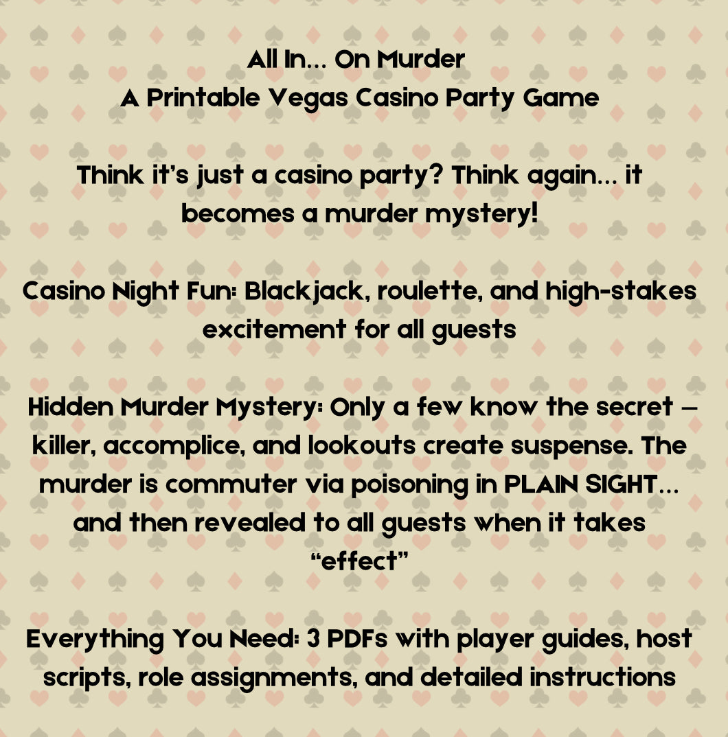 All In… On Murder: A Casino Party Game with A Hidden Murder Mystery Twist – Printable PDF Party Game