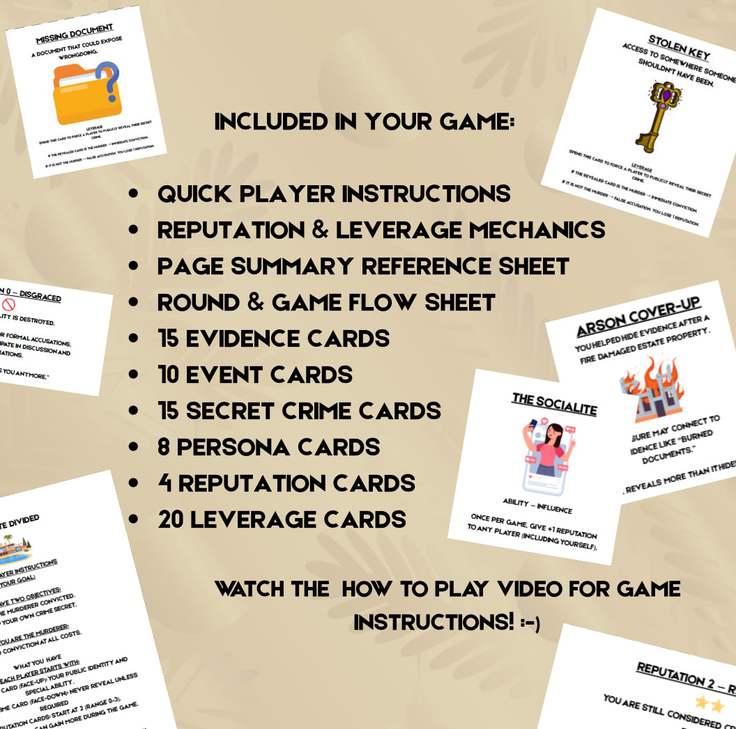 The Estate Divided | A 4-8 Player Murder Mystery Card Game Revolving Deception, Power & Inheritance