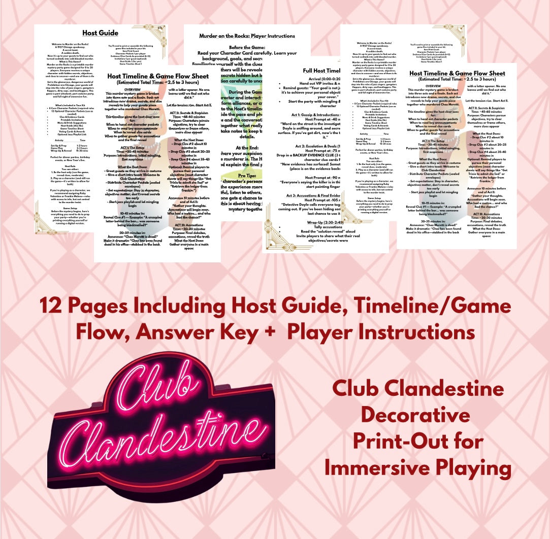 1920s Speakeasy Murder Mystery Game – Murder on the Rocks | Print-Ready Party for 8–20 Guests