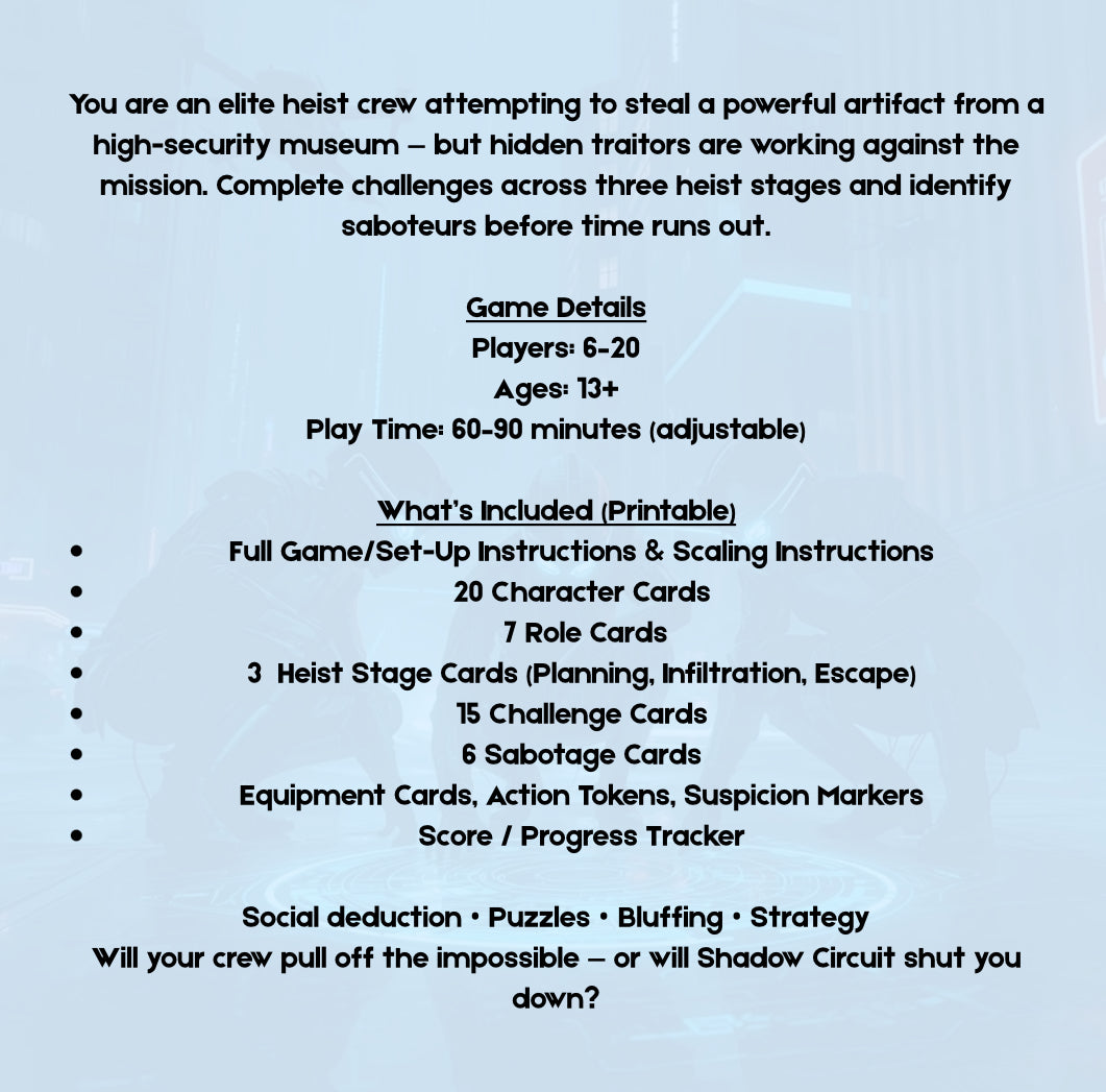 Ghost Protocol: Shadow Circuit: Printable Social Deduction Heist Party Game for Large Groups | 6–20 Players