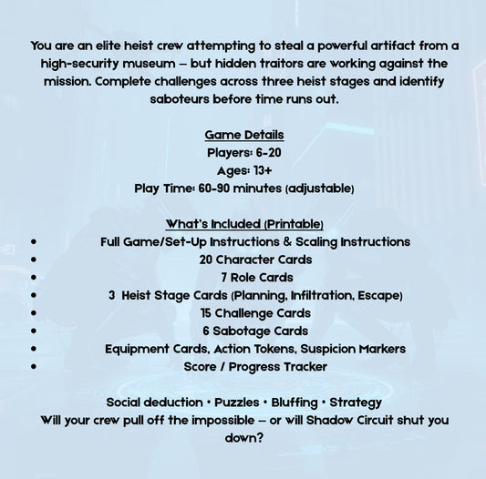 Ghost Protocol: Shadow Circuit: Printable Social Deduction Heist Party Game for Large Groups | 6–20 Players