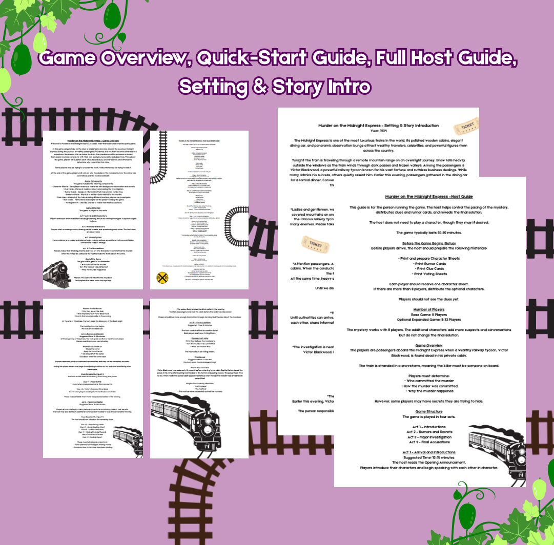 Murder on the Midnight Express |  Printable Role-Playing Train Murder Mystery Party Game for 8–12 Players