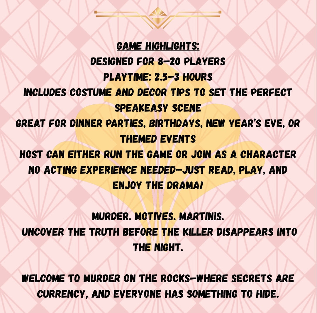 1920s Speakeasy Murder Mystery Game – Murder on the Rocks | Print-Ready Party for 8–20 Guests