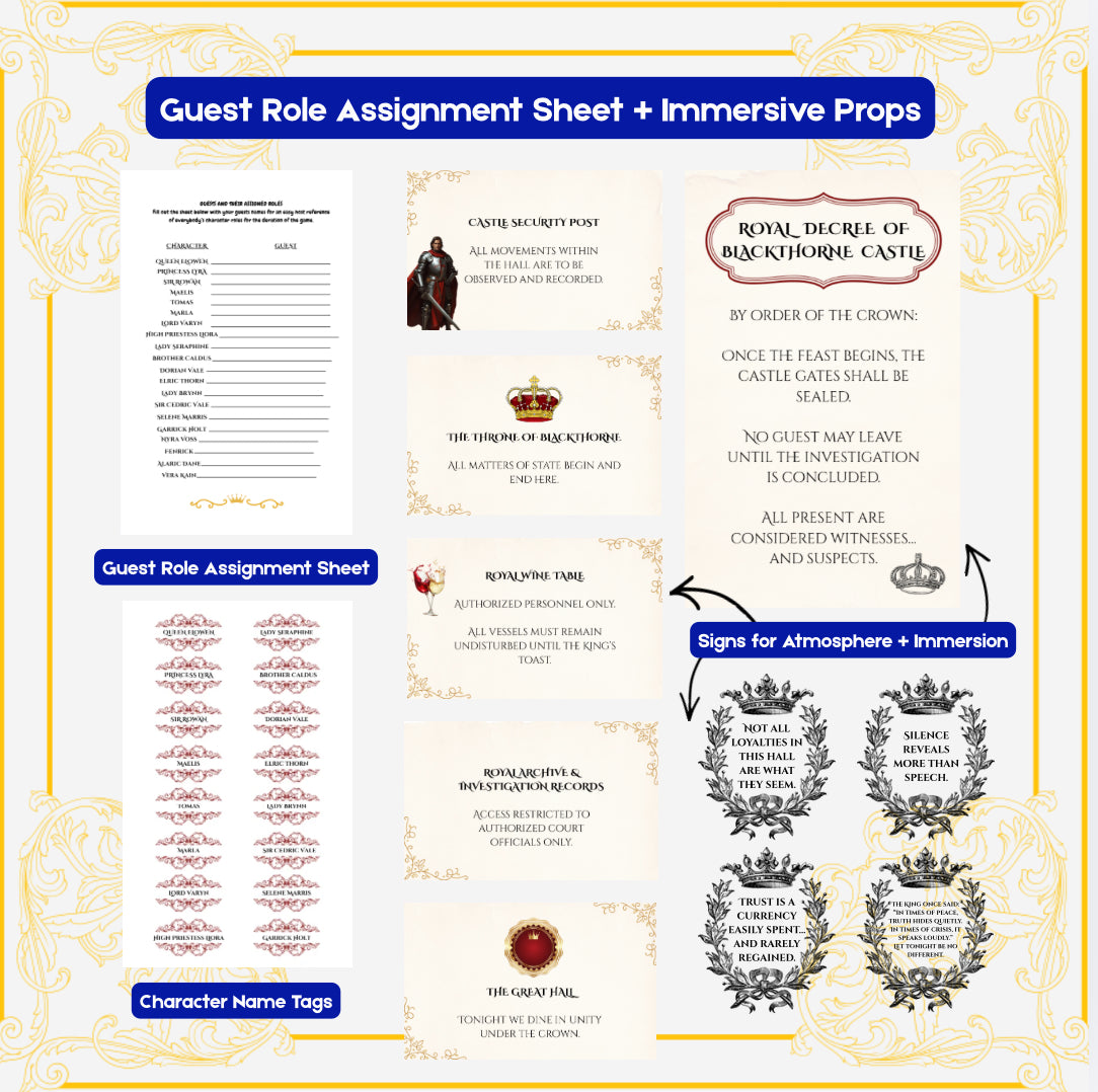 Printable Royal Role-Playing Murder Mystery Party Game (12-20 Players) | Murder at Blackthorne Castle: Betrayal of the Crown