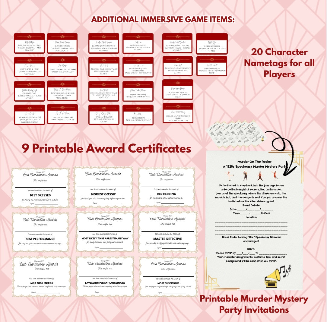 1920s Speakeasy Murder Mystery Game – Murder on the Rocks | Print-Ready Party for 8–20 Guests