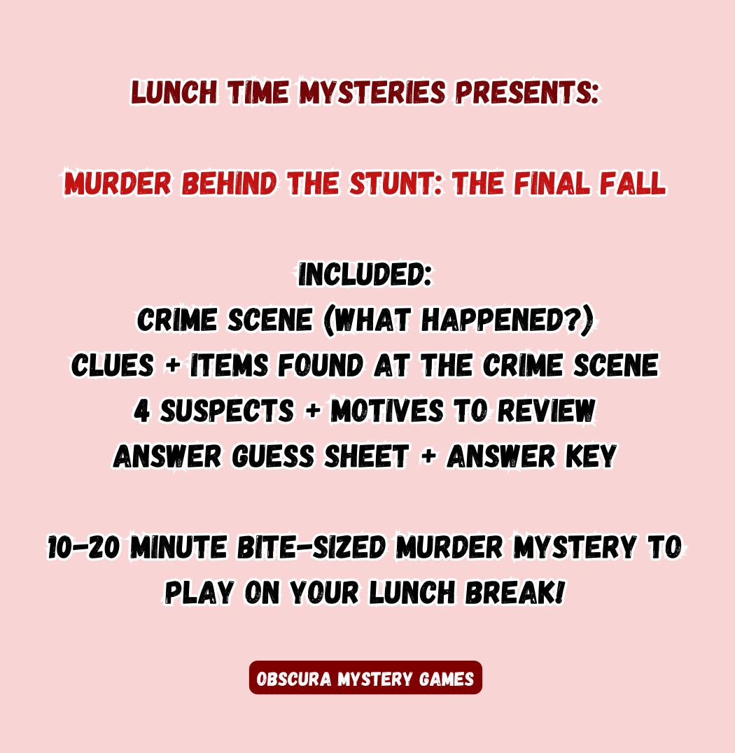 10-20 Minute Printable Detective Game | Lunchtime Mysteries #9 | Murder Behind the Stunt: The Final Fall