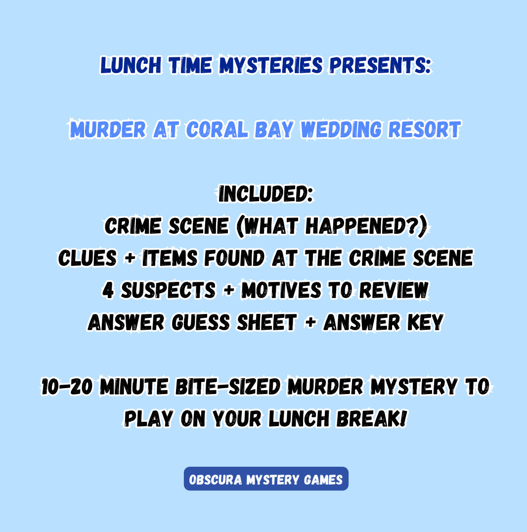 10-20 Minute Printable Detective Game | Lunchtime Mysteries #8 | Murder at Coral Bay Wedding Resort