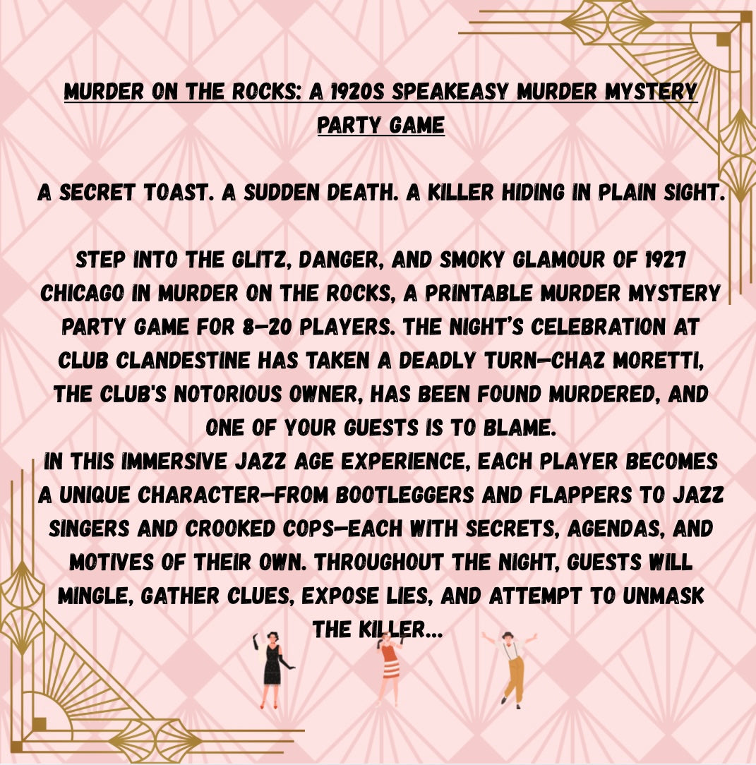 1920s Speakeasy Murder Mystery Game – Murder on the Rocks | Print-Ready Party for 8–20 Guests