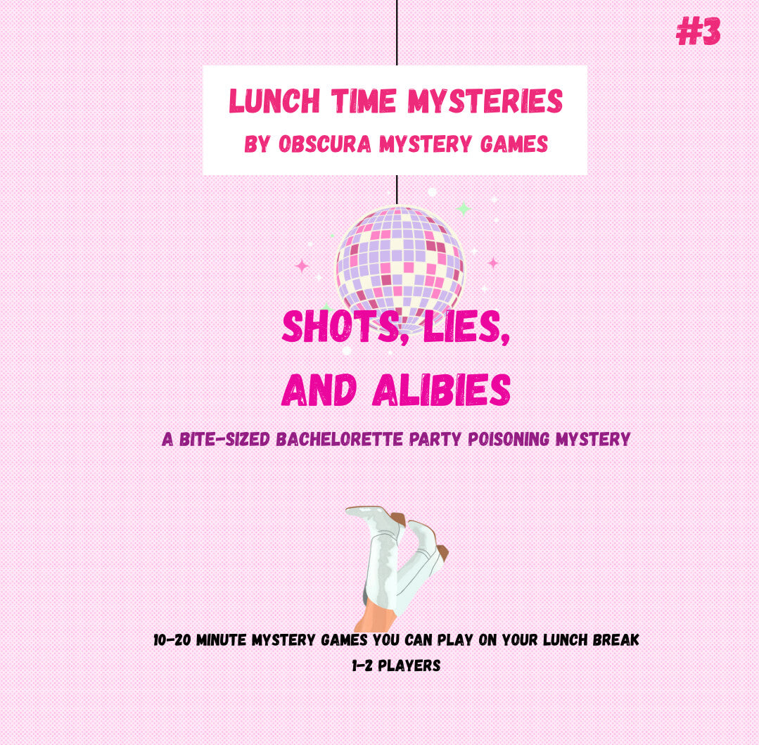 Shots, Lies, and Alibis | Lunchtime Mysteries™ 10-20 Minute Printable Detective Bachelorette Game