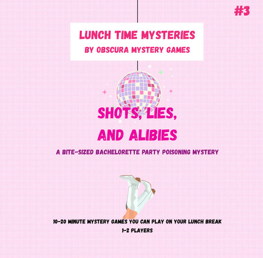 Shots, Lies, and Alibis | Lunchtime Mysteries™ 10-20 Minute Printable Detective Bachelorette Game