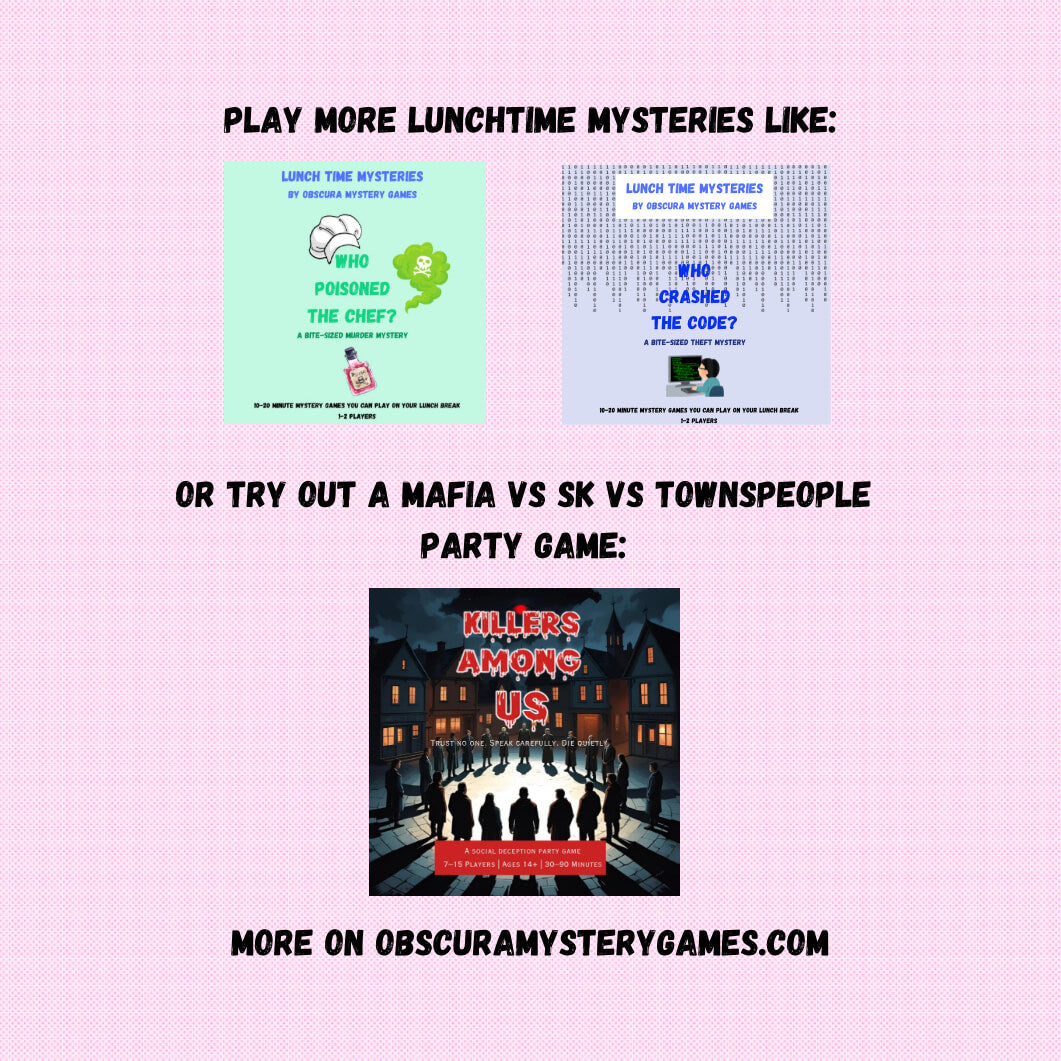 Shots, Lies, and Alibis | Lunchtime Mysteries™ 10-20 Minute Printable Detective Bachelorette Game