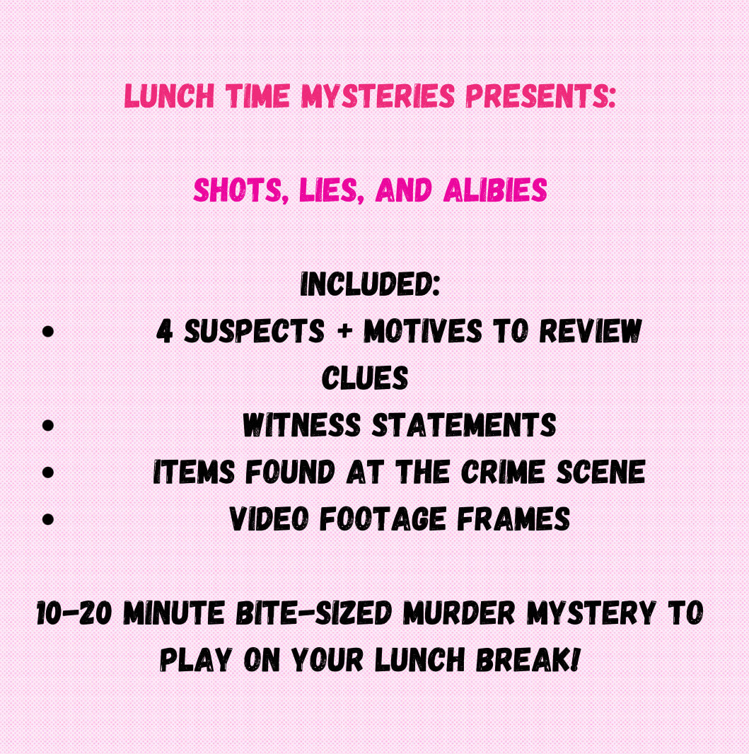 Shots, Lies, and Alibis | Lunchtime Mysteries™ 10-20 Minute Printable Detective Bachelorette Game