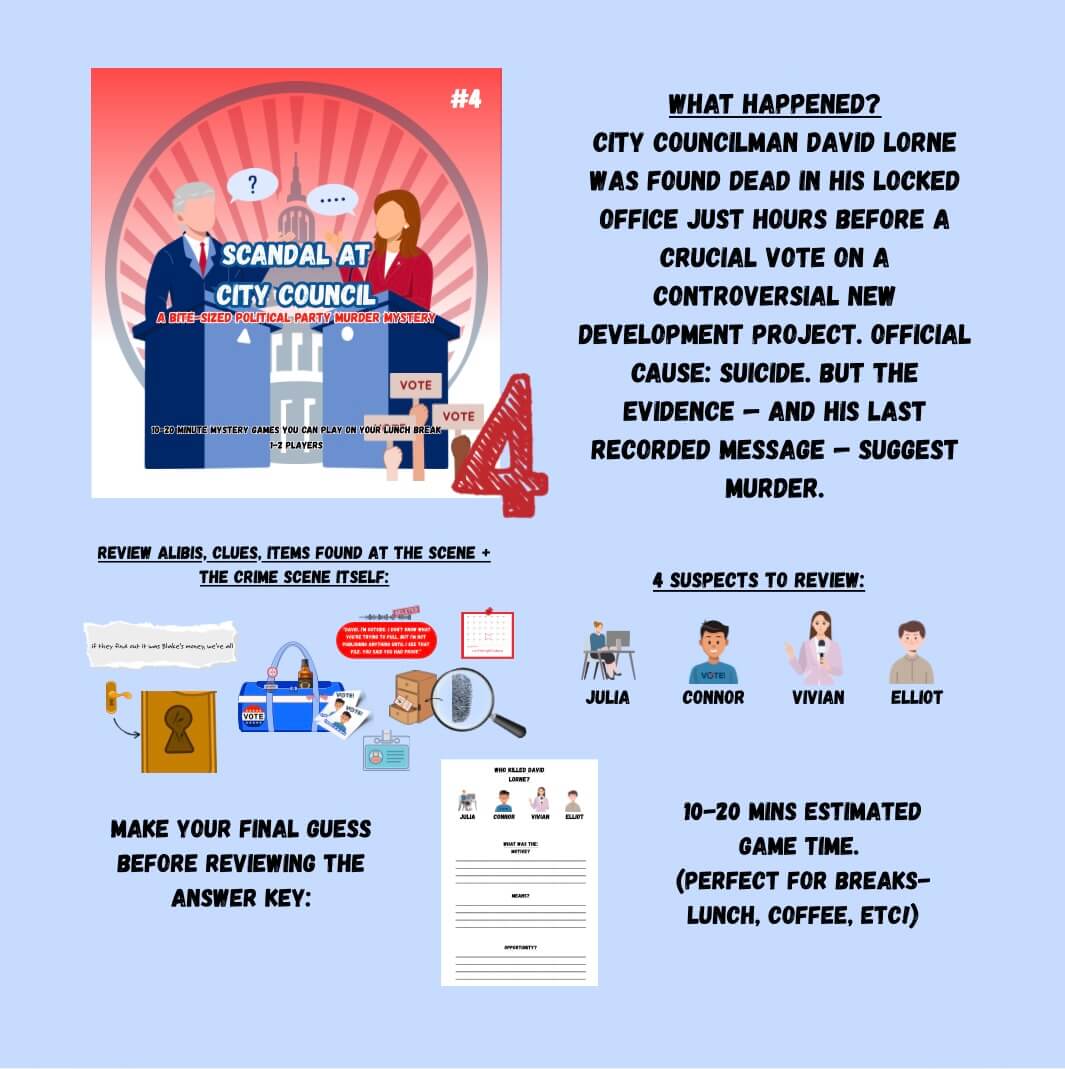 Quick Murder Mystery Game Bundle – Lunchtime Mysteries™ 5-Pack | 10–20 Min Detective Fun