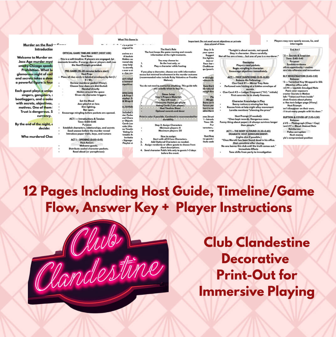 Printed pages from the 1920's murder mystery game guide with a printable 'Club Clandestine' logo on a pink background