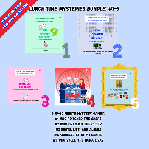 Lunch Time Mysteries game bundle with colorful book covers on a blue background