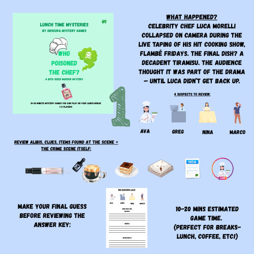 Lunch Time Mysteries game board with text and icons on a blue background