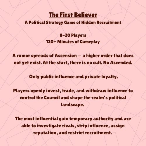The First Believer – A Political Strategy Game of Hidden Recruitment (8-20 Players)