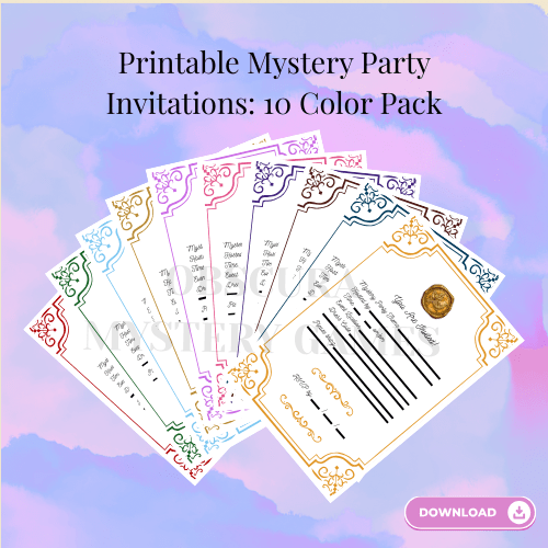 Printable Mystery Game Party Invitations – 10 Pack Bundle, 10 Vibrant Colors – Perfect for Mystery Parties!