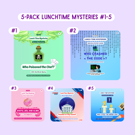 Quick Murder Mystery Printable Game Bundle | Lunchtime Mysteries (#1-5) 5-Pack | 10–Min Detective Fun